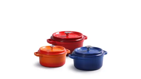 Red, orange and blue enameled cast iron Dutch ovens from the product catalog
