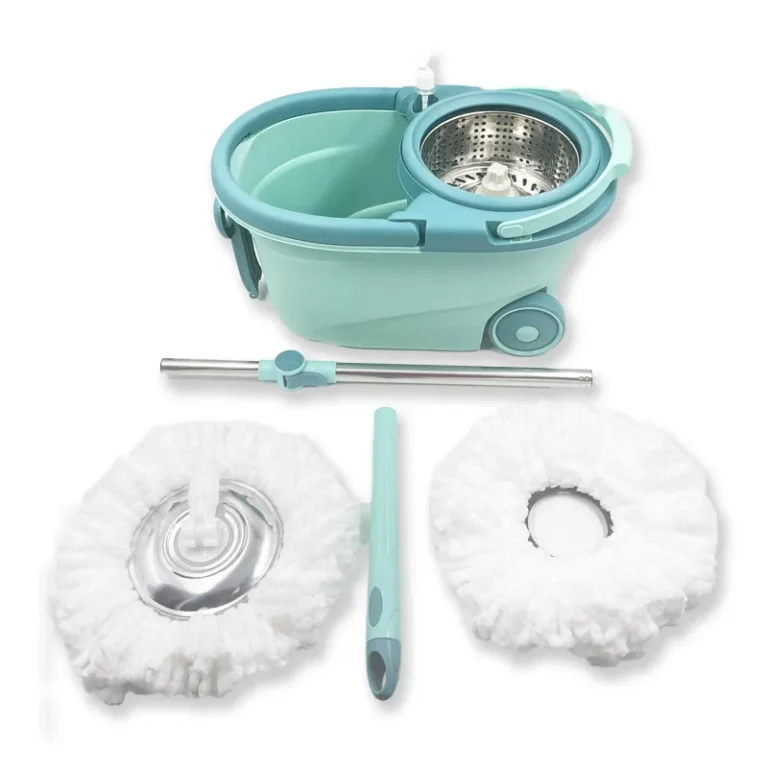 Spin mop set with wheeled bucket, spin-dry basket, handle and two mop heads from Wancomee catalog