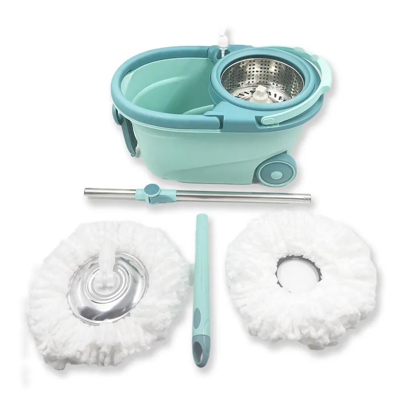 Spin mop set with wheeled bucket, spin-dry basket, handle and two mop heads from Wancomee catalog