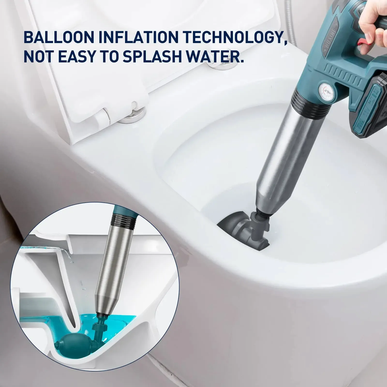 Air bladder expansion design for reduced splash during drain cleaning
