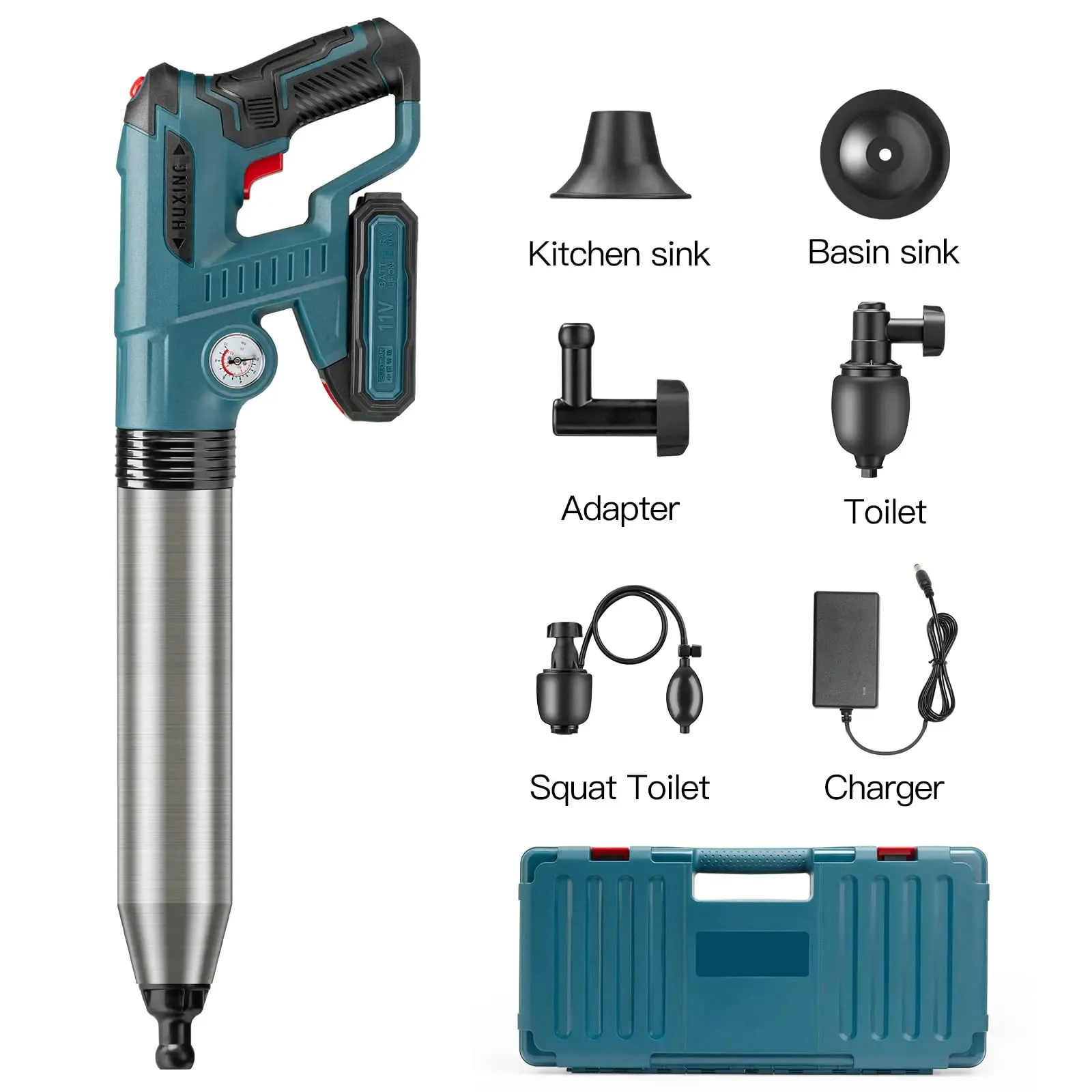 WC-P003 cordless air-pressure drain cleaner with adapters charger and carrying case
