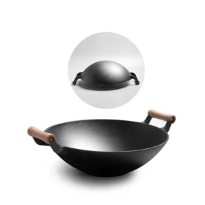 36 cm round-bottom cast iron wok with wooden handles