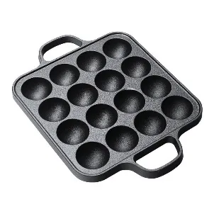 Z-038 square cast iron takoyaki pan with sixteen round cavities in a four-by-four layout and dual handles