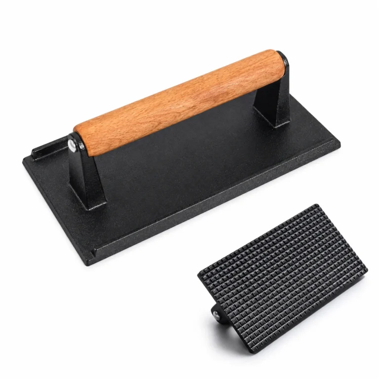 Z-075 rectangular cast iron grill press with wooden grip and grid-textured underside view