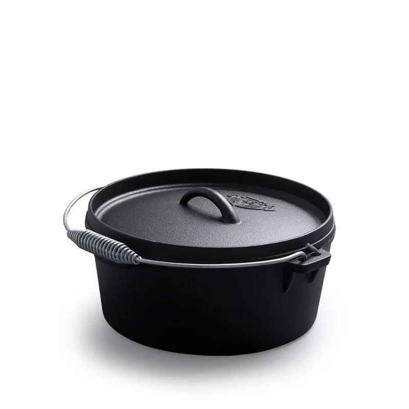 Cast iron camp Dutch oven with flanged lid and wire bail handle