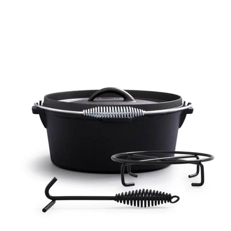 Cast iron camp Dutch oven with lid, stand and lid lifter