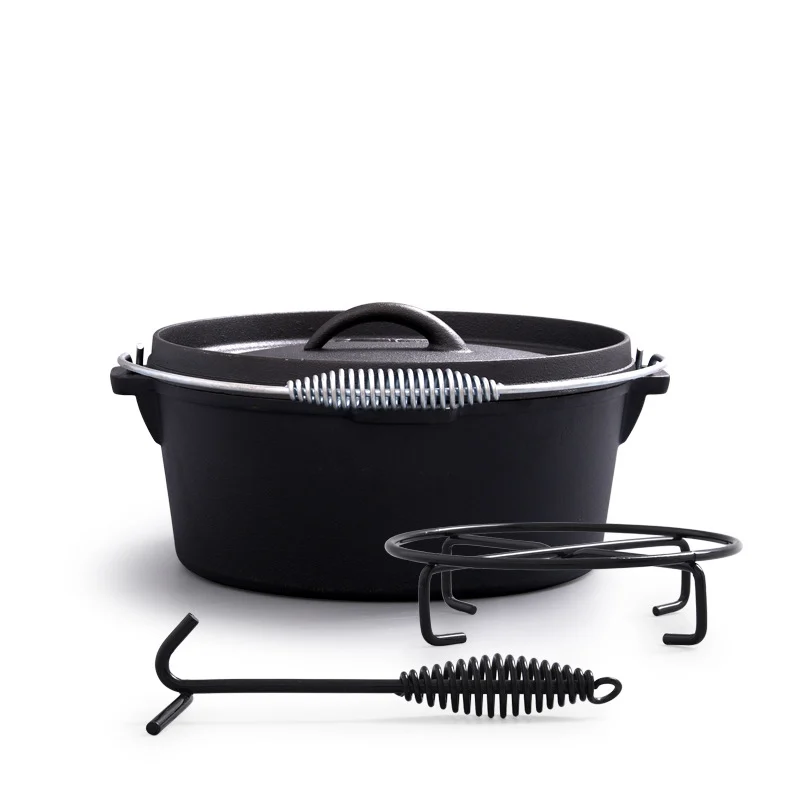 Cast iron camp Dutch oven with lid, stand and lid lifter