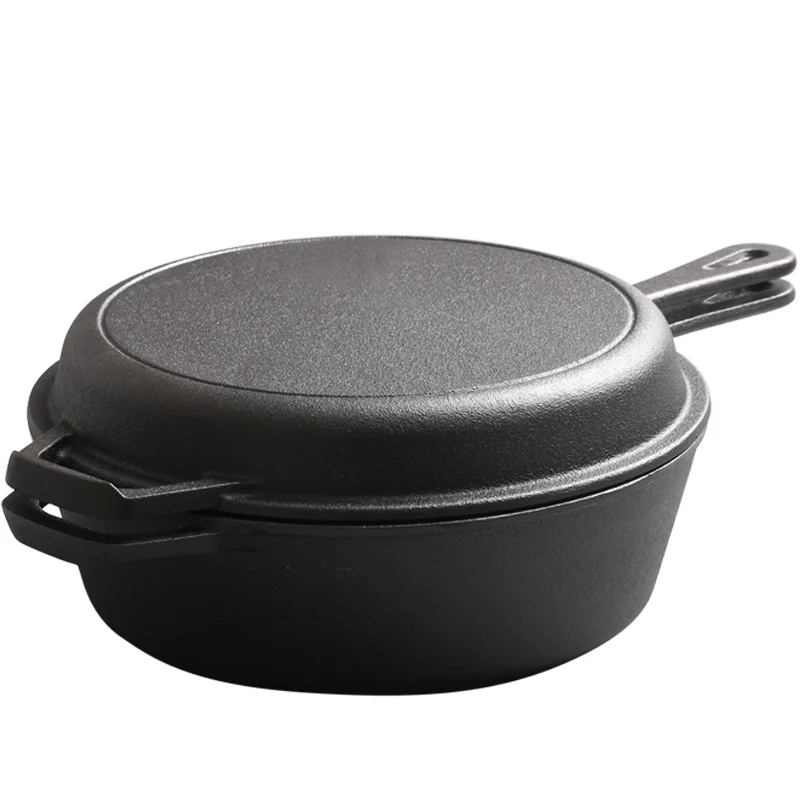 Side view of a 10-inch cast iron combo cooker with long handles