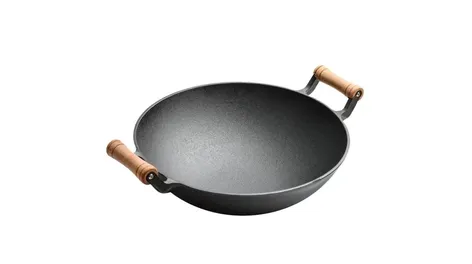 Wok de hierro fundido con asas laterales de madera