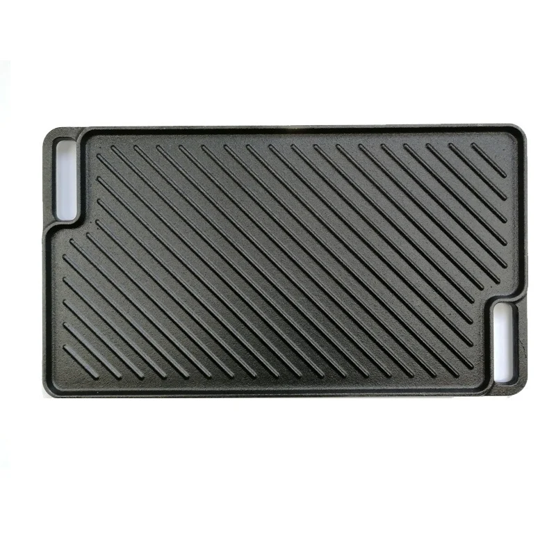 Diagonal-rib cast iron griddle plate, 46 x 26 cm, with corner handle openings