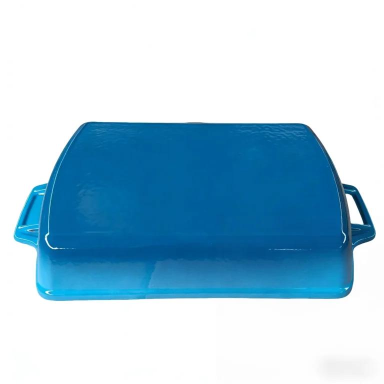 Blue enameled cast iron rectangular baking dish with side handles