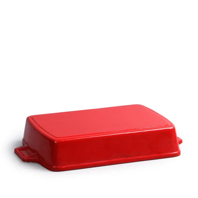 Red enameled cast iron rectangular baking dish