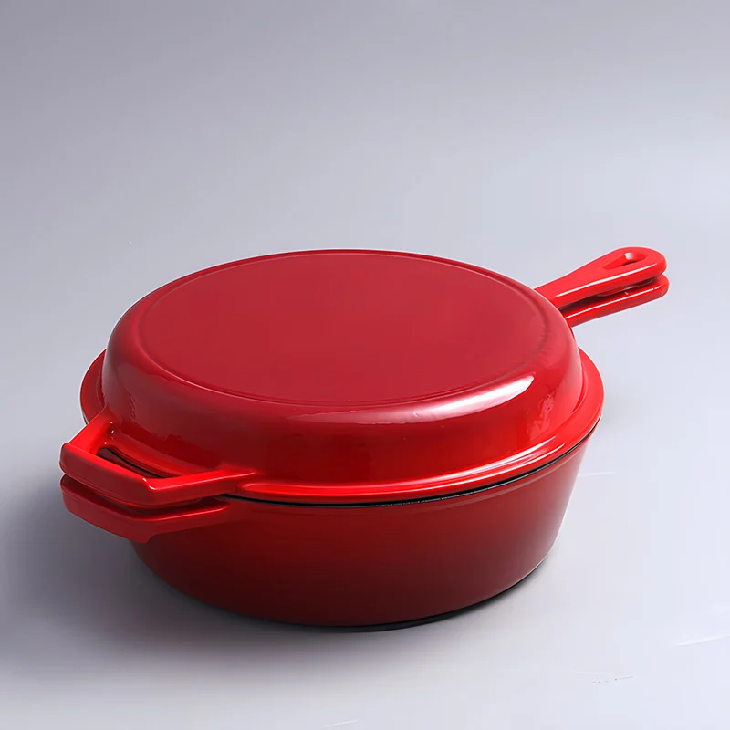 Red enameled cast iron combo cooker with skillet lid