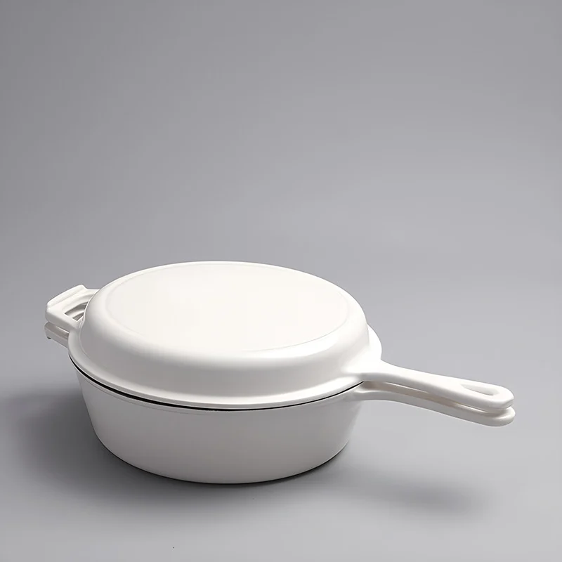 White enameled cast iron combo cooker with lid and pot side by side