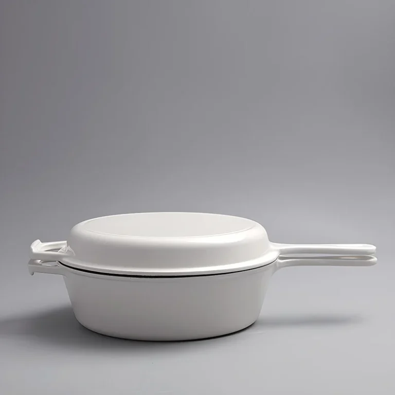 White enameled cast iron combo cooker with skillet lid