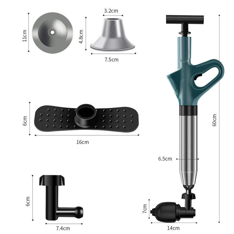 HX-012 air drain blaster with toilet, sink and floor-drain adapters and dimensions