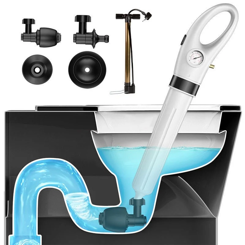 Manual air drain blaster with interchangeable heads used on a toilet