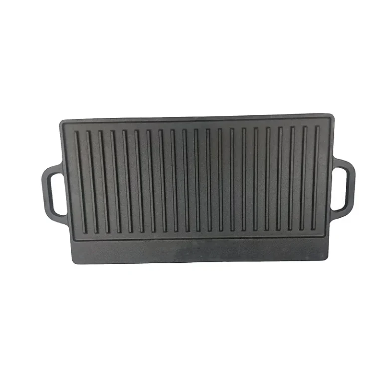 Loop-handle cast iron griddle plate, ribbed face, 40 cm overall length