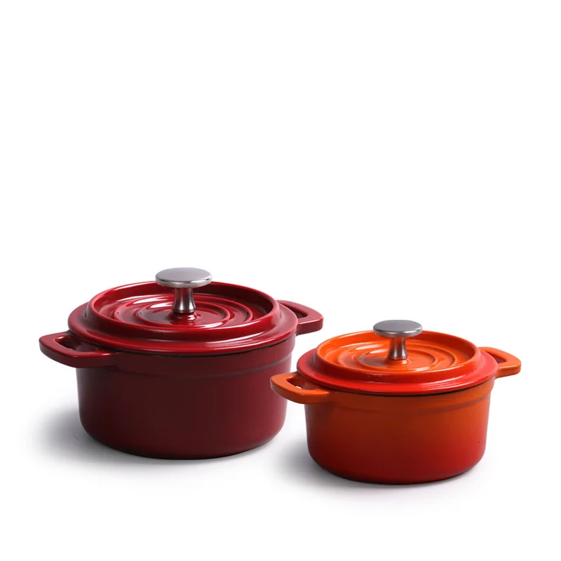 Red and orange 10 cm enameled cast iron mini cocottes