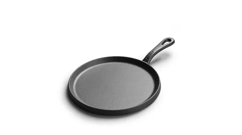 Round cast iron griddle pan with low rim and long handle