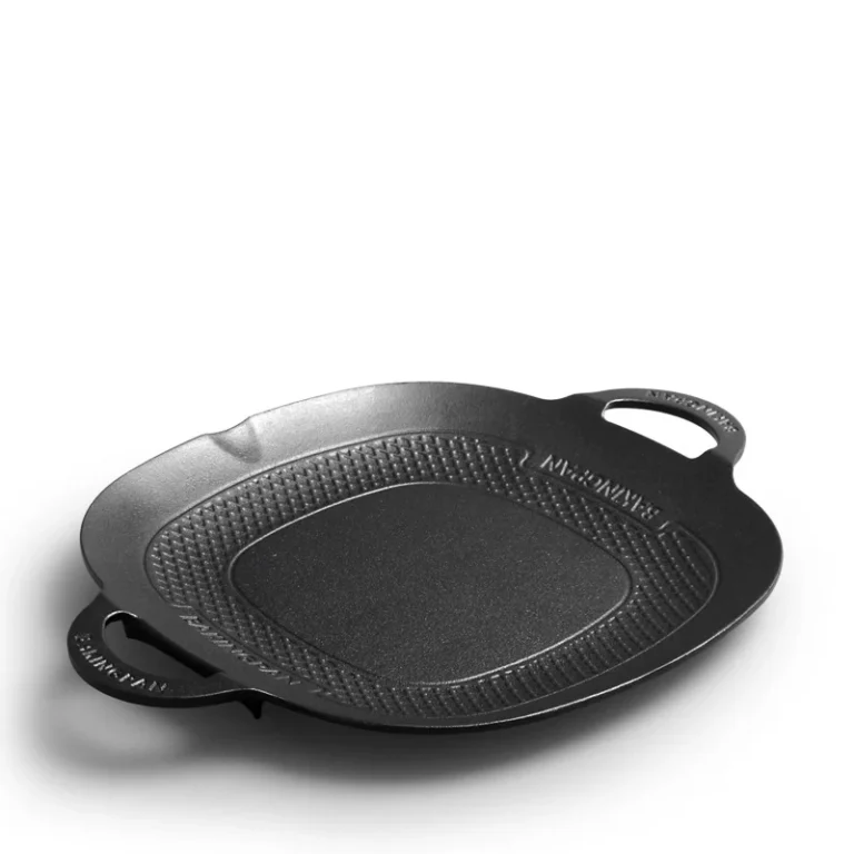 Rounded-square cast iron BBQ grill pan with two side handles