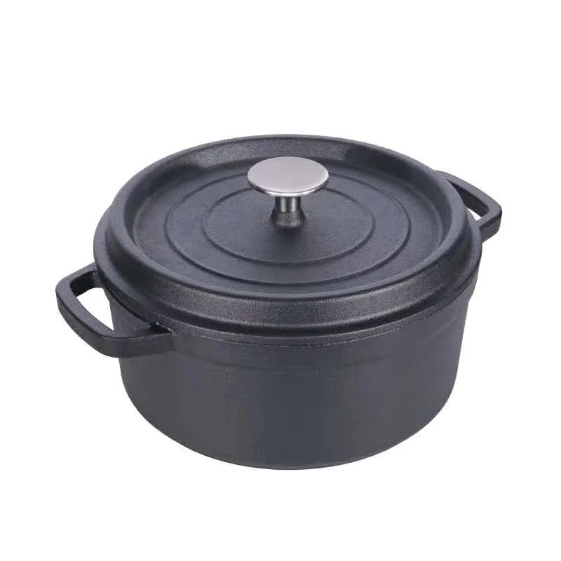 Black cast iron Dutch oven with lid