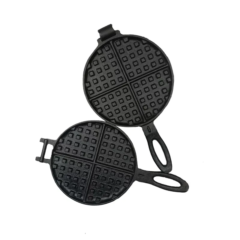 Open cast iron waffle maker with round plates