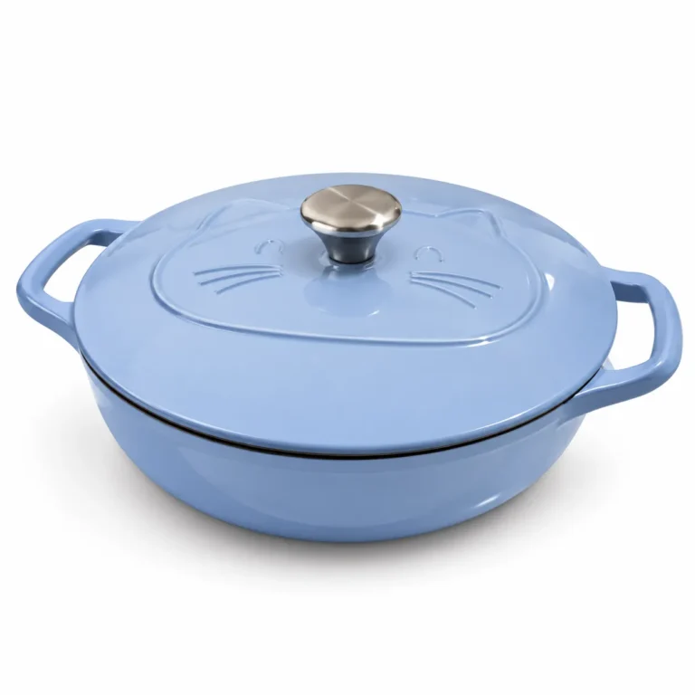 WC-CI503 light blue enameled cast iron casserole with cat-face lid
