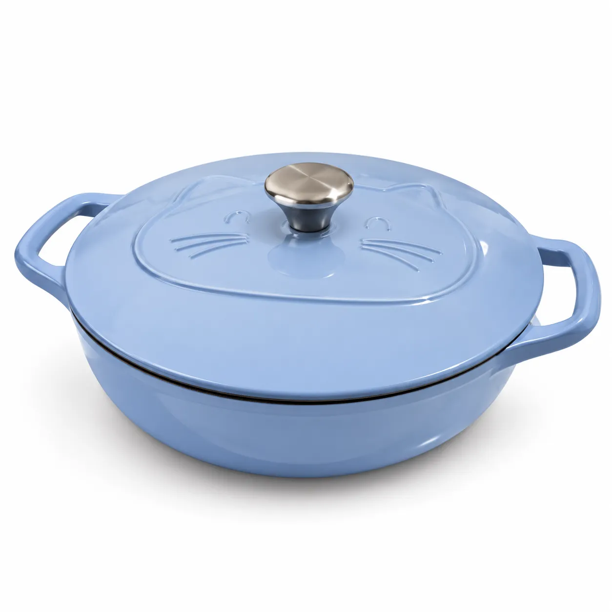 WC-CI503 light blue enameled cast iron casserole with cat-face lid