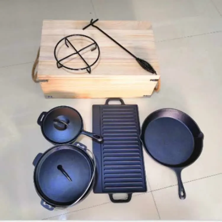 WC-CI505 cast iron camping cookware set with wooden storage box