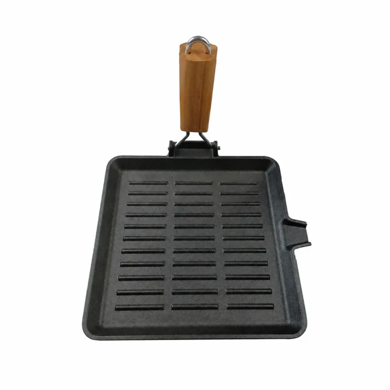 WC-CI508 square ribbed cast iron grill pan with folding wooden handle