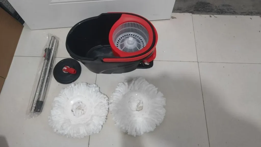 WC-MOP001 red and black spin mop bucket set with two microfiber heads