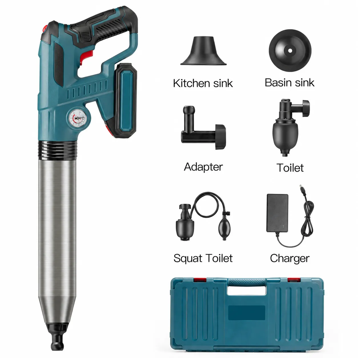 WC-P004 rechargeable high-pressure drain cleaner with tool case and adapters