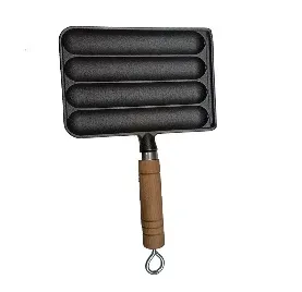 Z-027 cast iron sausage pan with four horizontal channels and a wooden handle